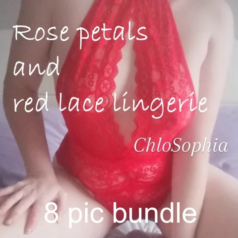 Rose petals and red lace lingerie 8 photo bundle featuring natural boobs and hairy pussy