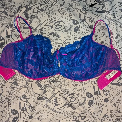 Blue and neon pink lace 36G bra