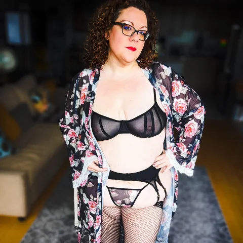Sheer floral robe over black set and stockings