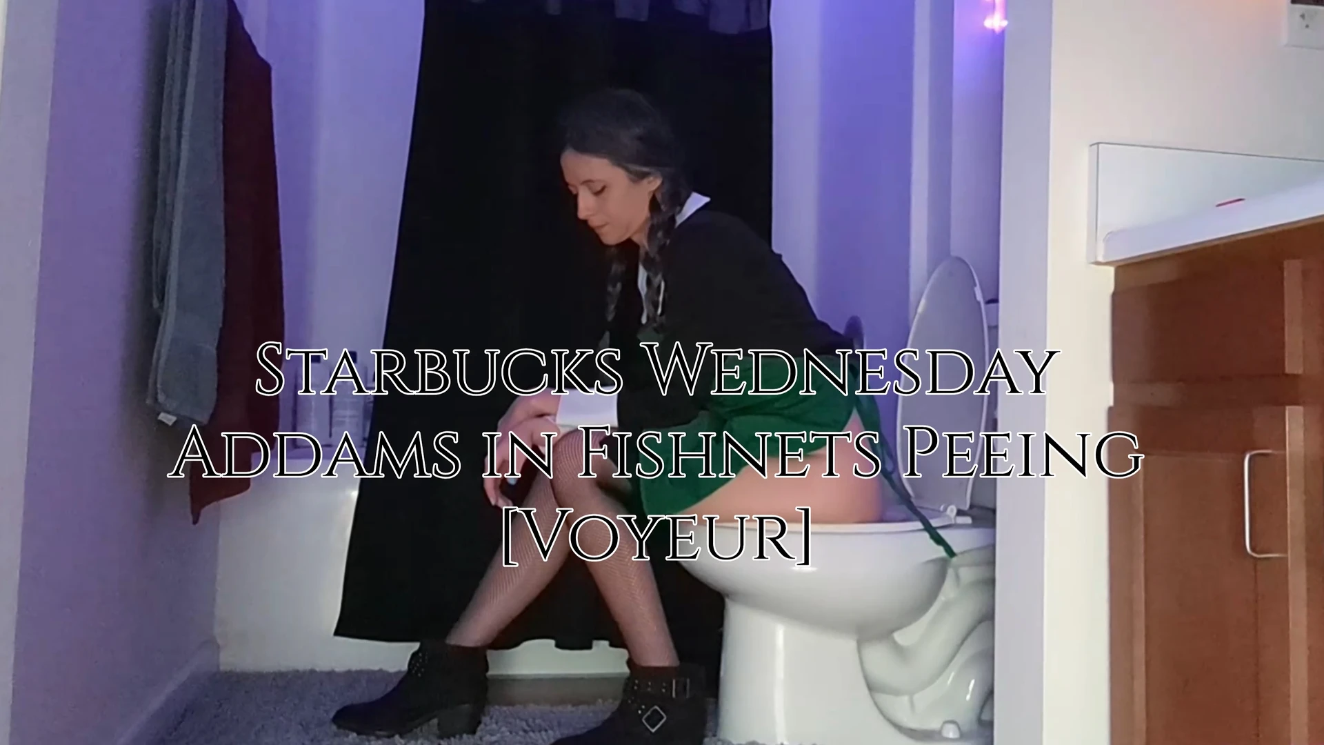 Starbucks Wednesday Addams in Fishnets Peeing [Voyeur]