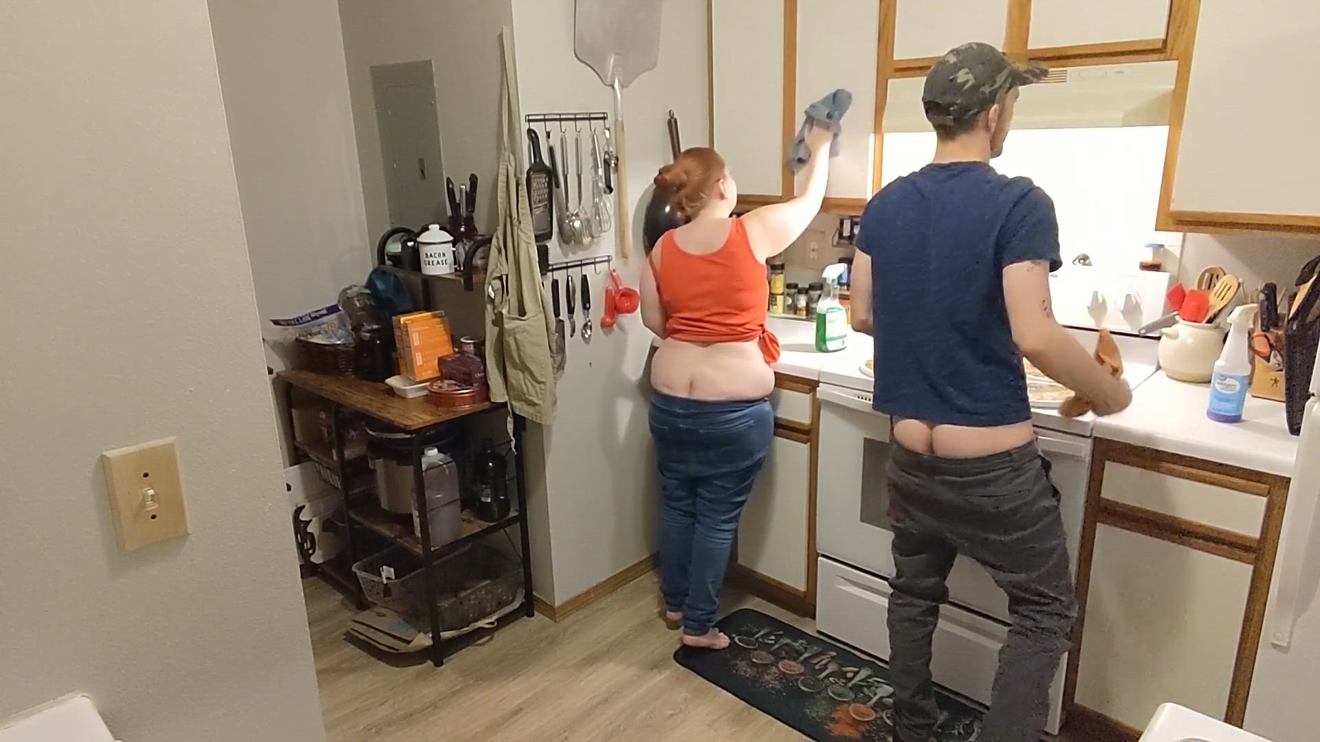 Couples Buttcracks Exposed Cleaning Kitchen Cabinets