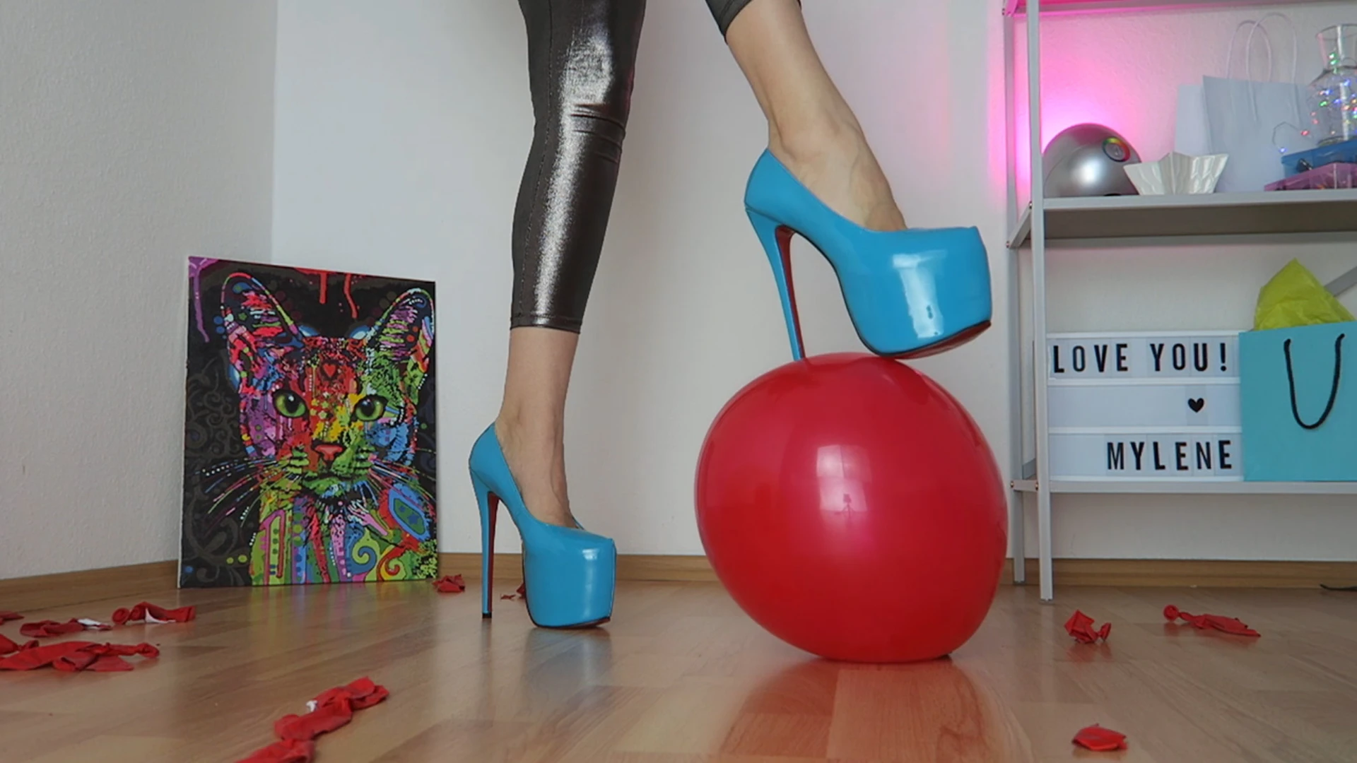 Fun balloons mass pop with high heel shoes