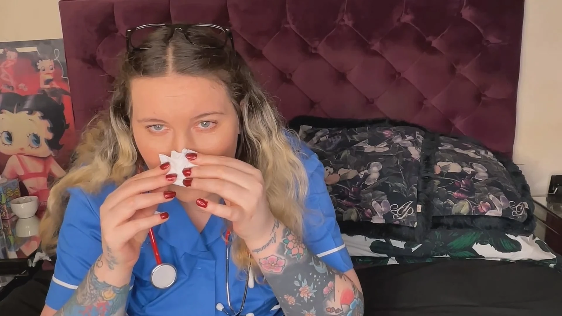 Nurse FFW blowing her nose and finally getting a sneeze