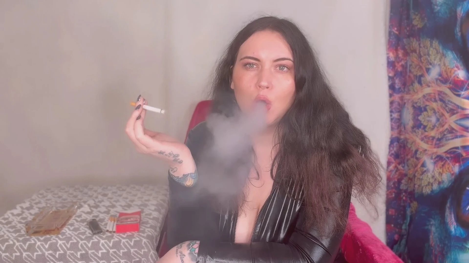 Miss FFW enjoying a few cigarettes in her catsuit