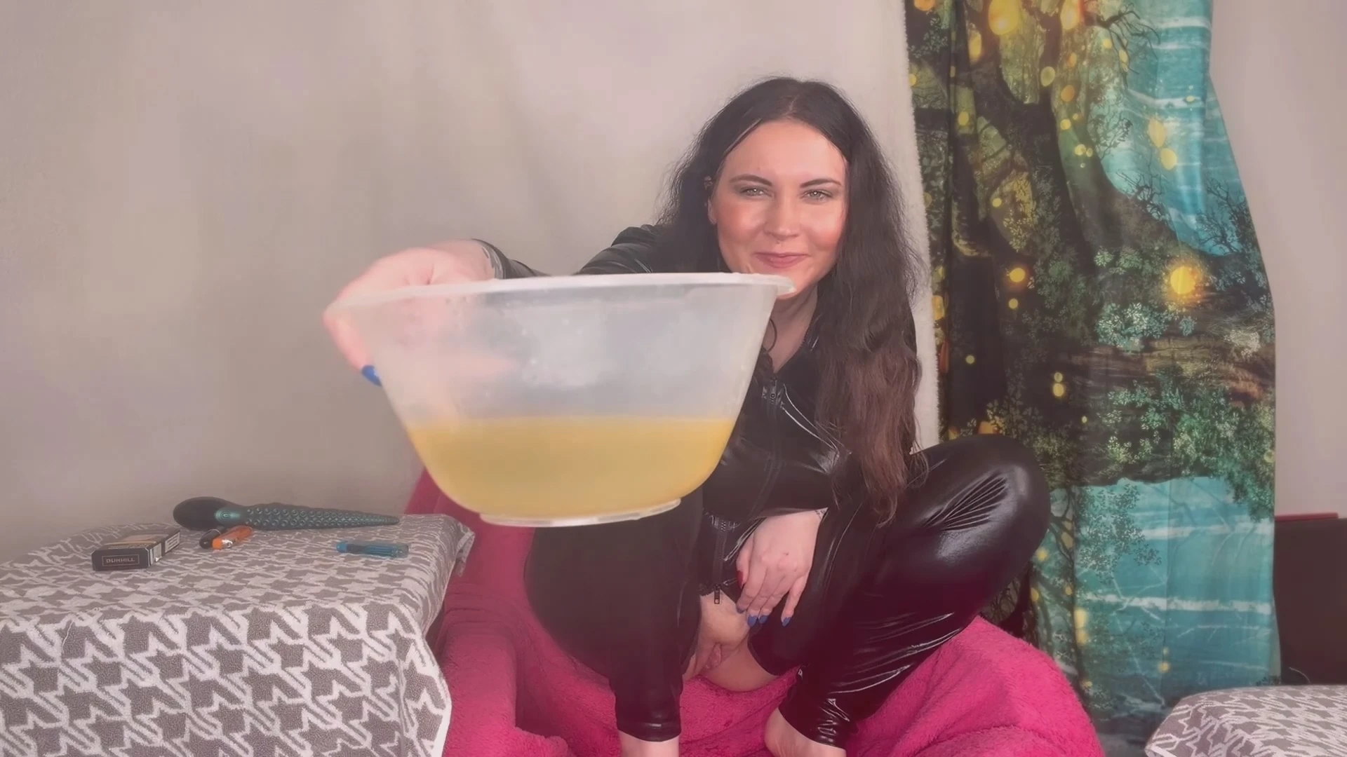 Miss FFW squats on chair and pisses in a bowl