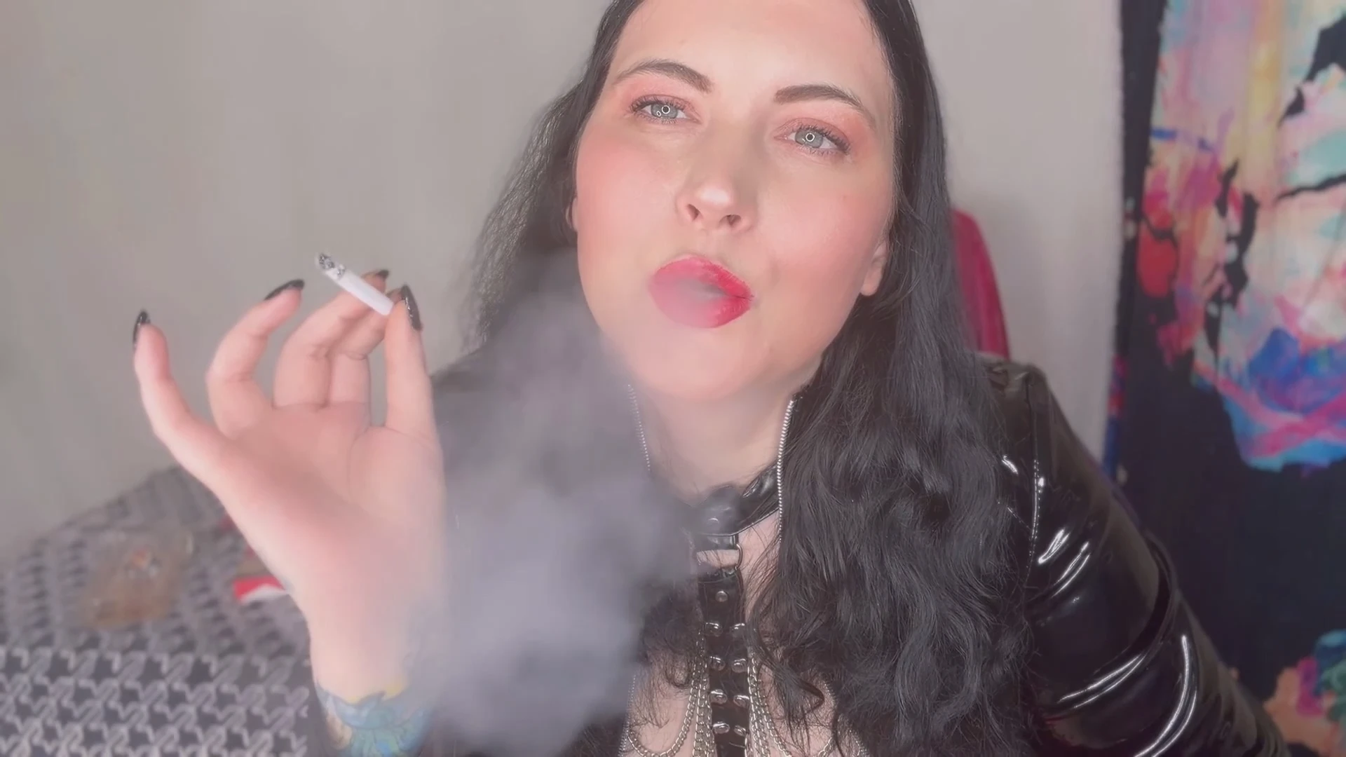 Sub FFW smoking in her PVC outfit & red lipstick